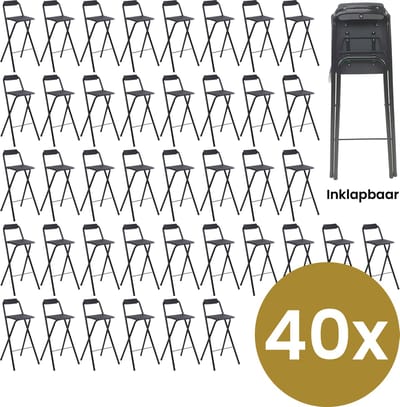 Alora Inklapbare Barkruk - Per 40 - Barkrukken Met Rugleuning - Opvouwbare Barkrukken Set Van 40 - Opklapbaar - Zwart - Outdoor - Barstoel - Klapstoel - Inklapbaar - Met Voetsteun - Camping - Barkruk Buiten