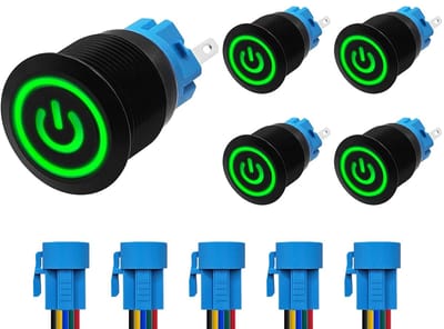 ProRide Drukschakelaar ON-OFF 220V - 19mm Metaal - Waterdicht - LED Groen - Met Kabels - 5 stuks