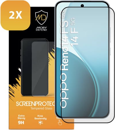 2-Pack MobyDefend Screenprotectors - Geschikt voor Oppo Reno14 F / Oppo Reno14 FS - Screensavers Met Zwarte Randen - Gehard Glas