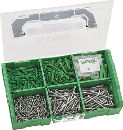 SPAX assortiment L-BOXX klein, schroevenset met 3 afmetingen + pluggen, 480 stuks, verzonken kop, T-STAR plus T20, WIROX - 5000009160209