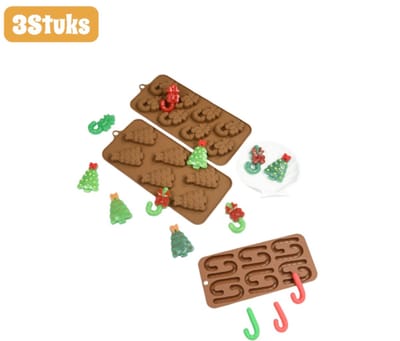 3 stuks - Bakvormen - Siliconenvormen - Met kerstboom-, zuurstok- en sneeuwvlokmotieven - Voor geurkaarsen, chocolade en bakken - DIY-vormen - Herbruikbaar - Kerstversieringen - bruin