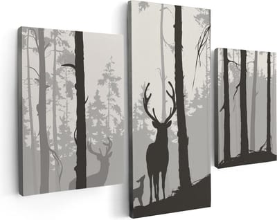 Artaza Canvas Schilderij Drieluik Herten In Het Bos - Silhouet  - 90x60 - Foto Op Canvas - Canvas Print