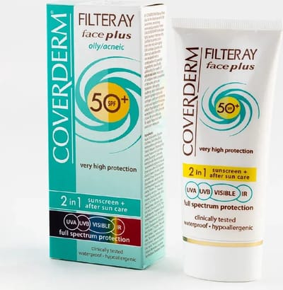 Coverderm Filteray Gezicht Plus Vettig Acneïsch SPF 50+ / 2 in 1 zonnecrème voor het gezicht SPF 50+ 50 ml