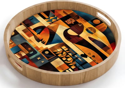 Dienblad rond 40x40 cm - Schootdienblad hout - Figuren - Abstract - Symbolen - Borrelplank rechthoek - Plateau houten dienbladen
