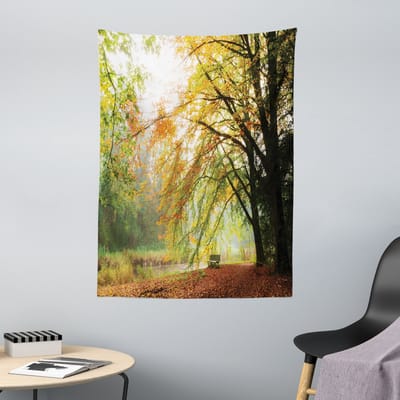 ABAKUHAUS Boswandtapijt en sprei, Herfstbos met vredig uitzicht, 110 x 150 cm, Oranjegroen