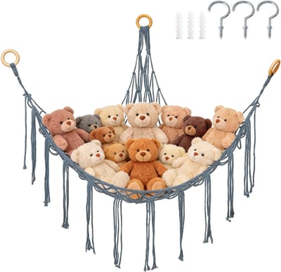 Geweven opbergnet voor knuffels - 100*100*140 cm - Driehoekig net - Hoeknet - Opbergnet/hangmat - Hangmat voor knuffels - Handgeweven net - Geschikt voor hoeken - Ophangnet - Inclusief installatiemateriaal