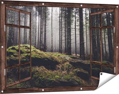 Gards Tuinposter Doorkijk Bos met Mos op Rotsen - 120x80 cm - Tuindoek - Tuindecoratie - Wanddecoratie buiten - Tuinschilderij