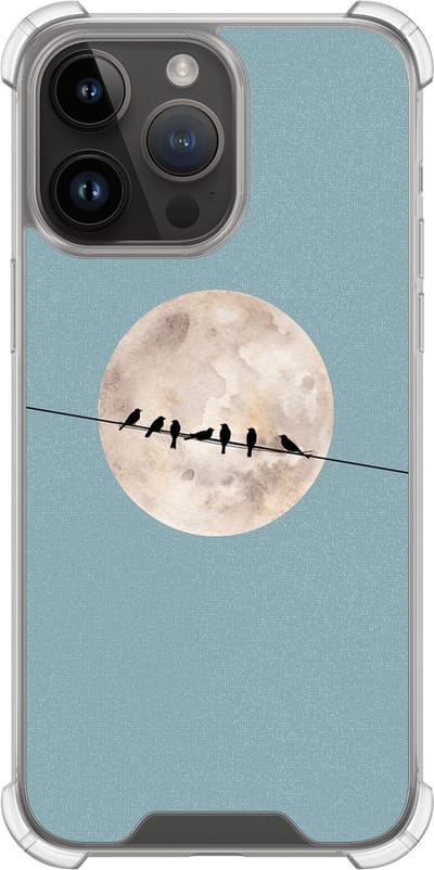 Shockproof hoesje - Geschikt voor iPhone 14 Pro Max - Moon birds - Extra sterke case - TPU/polycarbonaat - Print / Illustratie - Blauw, Transparant