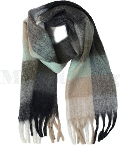 Sjaal - Warme wintersjaal - Wol Viscose - Dikke shawl - Geblokte sjaal – Omslagdoek - Zwart