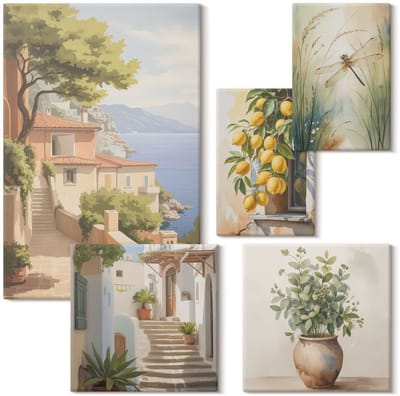Wallfluent Set van canvas schilderijen - Stijlvolle uitzichten op badplaatsen en vegetatie Canvas Schilderijen Set - Set van 5 Canvas Schilderijen - Beige Set van Canvas Prints - Landschappen Canvas Kunst Set - Boheemse Canvas Kunst Set