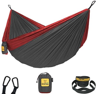 Draagbare dubbele hangmat voor camping en outdoor - lichtgewicht parachute nylon in rood en houtskool