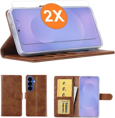 Hoesje geschikt voor Samsung Galaxy S26 Plus 5G hoesje Bruin pasjeshouder telefoon hoes - Met screenprotector tempered glass voor Galaxy S26 Plus 5G - 2x