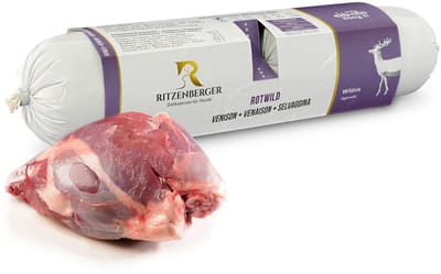 Ritzenberger Wild Hert met Wilde Paddenstoelen compleet gestoomde worst. Doos 12 rollen (24 x 400 gram). Totaal 9.6 kilo