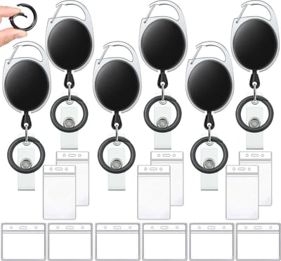 6x Uittrekbare Sleutelhangers met 12 Transparant Badgehouder & Karabijnhaken - Broekclip Pashouder/Kaarthouder - Trekkoord Skipashouder - Intrekbaar Skipas Sleutel Koord - Kecord ID Badge Houder Sleutelkoord - Clip Afrolmechanisme Rollerclip Keykoord
