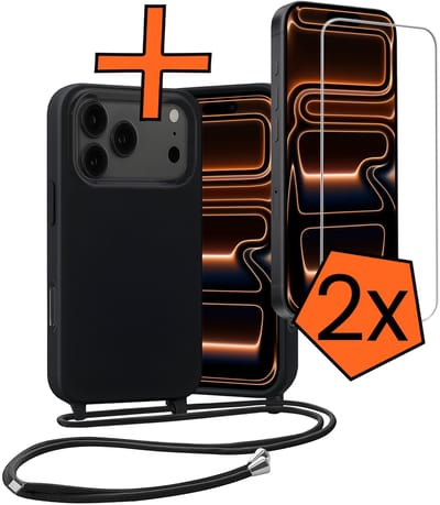 Hoesje Geschikt voor iPhone 17 Pro / 18 Pro Hoes Met Telefoonketting Met 2x Screenprotector - Backcover Geschikt voor iPhone 17 Pro / 18 Pro Case Met Koord - Zwart