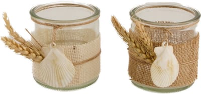 Waxinelichthouder - Jute en Schelpen - 8x8 cm - Set van 2 Stuks