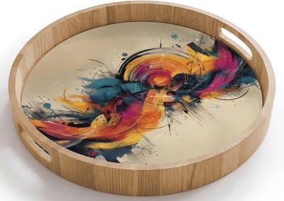 Dienblad rond 40x40 cm - Schootdienblad hout - Explosie - Kleurrijk - Vormen - Abstract - Borrelplank rechthoek - Plateau houten dienbladen