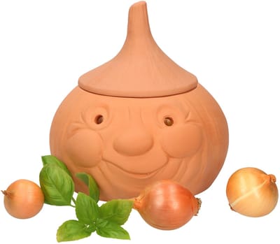MamboCat Uienpan, uienhouder, terracotta, ronde pot voor ca. 900 g uien, grappige voorraaddoos, uien, pot, uien, doos, voorraaddoos voor uien, opslag, pot met deksel