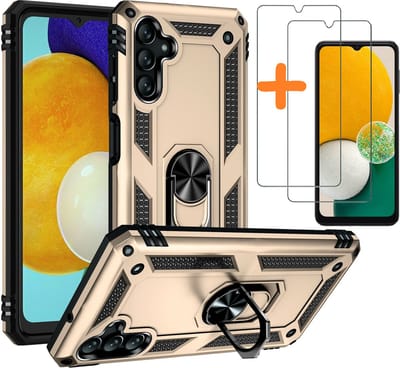 Hoesje Geschikt Voor Samsung Galaxy A13 5G / A04s Hoesje met Ring Houder – TPU backcover – Met 2x screenprotector gehard glas – Goud