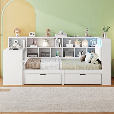Pugsdrly L-vormig houten platformbed 90x200 met bureau en boekenkast, hoekbed met gestoffeerd hoofdeinde, lades onder het bed, ledverlichting - Wit