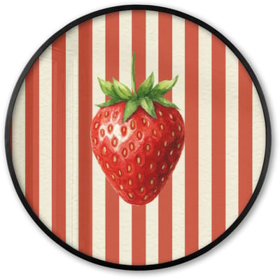 Poster in lijst Rond - Fotolijst 60x60 cm - Posters - Aardbei - Strepen - Rood - Ronde posterlijst zwart - Decoratie - Wanddecoratie woonkamer - Muurdecoratie slaapkamer