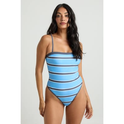 boohoo Dames Gestreept Bandeau Badpak met Contrasterende Biezen | Blauw | Maat: 40
