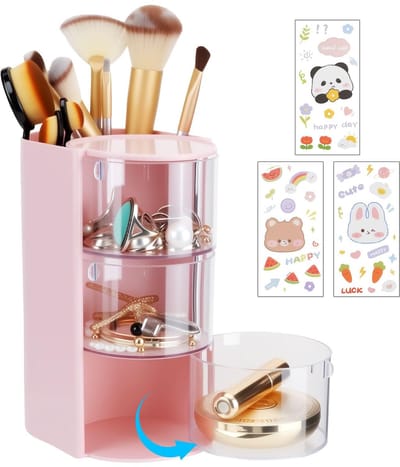 Kaptafelorganizer met 3 verdiepingen, 180° draaibaar, cosmetica, make-up, organizer, haaraccessoires, opslag, transparante borstelhouder met 3 stickers voor cosmetica, sieraden