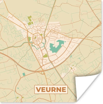 Poster Plattegrond - Kaart - Stadskaart - België - Veurne - 100x100 cm XXL