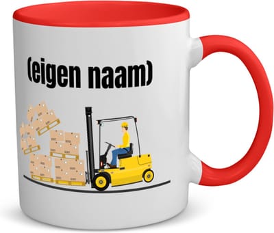 Akyol - heftruck met vallende pallet met eigen naam koffiemok - theemok - rood - Heftruck - mensen die werken in de magazijn - collega's - verjaardag - afscheidscadeau - geschenk - kado - 350 ML inhoud