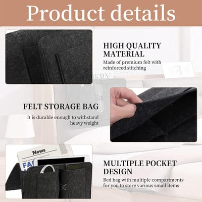 bed organizer ophangbaar opbergvak – bed caddy met meerdere vakken – 1 stuk zwart – 27x20 cm – vilten opbergzak voor slaapkamer, bank of studentenkamer