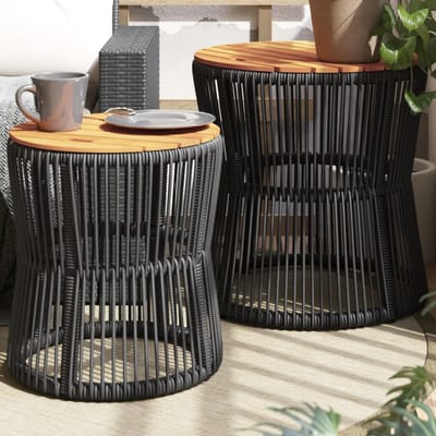vidaXL - Tuinbijzettafels - 2 - st - met - houten - blad - poly - rattan - zwart