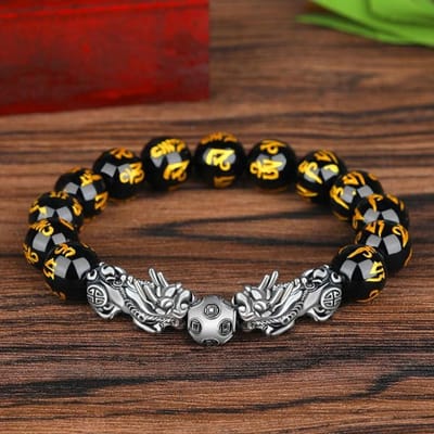 Zwarte Obsidiaan Steen Armband Boeddhisme Feng Shui Zes Woorden Pixiu Kralen Armband Polsband Geluks Amulet Sieraden