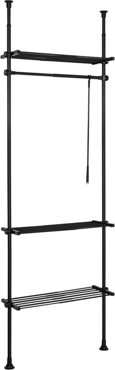 Mara Kledingrek - Telescopisch - Opbergsysteem - 1 Stang - 3 Planken - Zwart - Staal - B (52-80) x H (233-300) cm