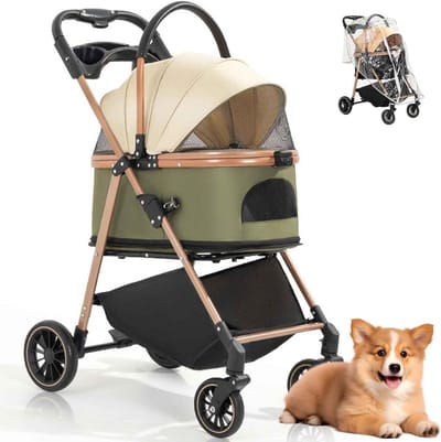 Hondenbuggy - Reiswieg Huisdier - Comfortabel Vervoer - 3-In-1 Afneembaar - 74.5 x 40.5 x 102 cm - Army Beige