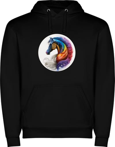 Zwarte unisex hoodie met “ Kleurrijke Paard in Cirkel - Regenboog “ Print Full Color Color merk Roly maat S