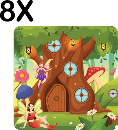 Luxe Placemat - Illustratie - Tekening van Elfjes in een Sprookjes Bos - Set van 8 Placemats - 50x50 cm - 2 mm dik Vinyl - Anti Slip - Afneembaar