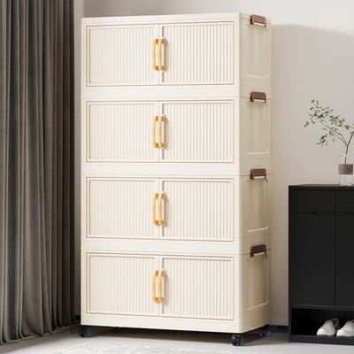 KZQ Opbergboxen Met Wiel En Deuren - 4 Lagen - Vouwbare Plastic Organizer Laden Voor Kast Dorm En Kantoor - Afneembare Deksels En Ruimtebesparend - Crèmewit