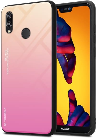 Cadorabo Hoesje geschikt voor Huawei P20 LITE 2018 / NOVA 3E in GEEL - ROZE - Tweekleurige beschermhoes van TPU-silicone Case Cover en achterzijde van gehard glas