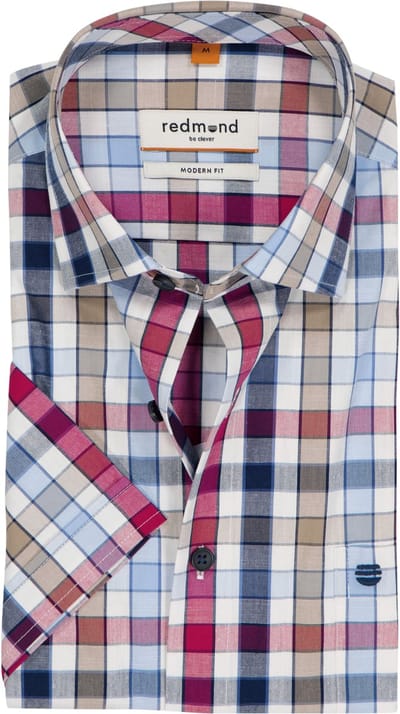 Redmond modern fit overhemd - korte mouw - chambray - blauw met rood - wit en kaki geruit - Strijkvriendelijk - Boordmaat: 39 - 40