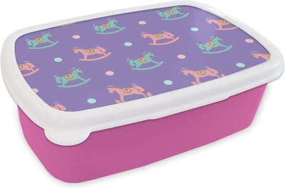 Broodtrommel Roze - Lunchbox - Brooddoos - Hobbelpaard - Patronen - Geboorte - 18x12x6 cm - Kinderen - Meisje