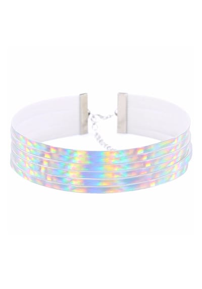 KIMU® Choker Zilver Streepjes Iridescent - Holografische Ketting Halsband Collar PVC - Sexy Zilveren Nekband Regenboog Pastel Halsbandje Halsketting Y2K 90's Nineties Cybergoth Punk Festival