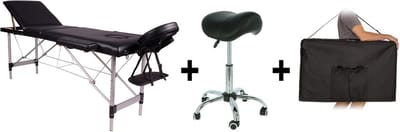 Alora Massagetafel Relax Budget + Alora zadelkruk - Tabouret – Zwart/Chrome - kruk – Kapperskruk - Max. Draagvermogen 250 KG - 8 Hoogtestanden - Incl. Opbergtas - massage bed