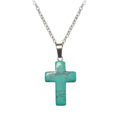Fako Bijoux® - Ketting - Kruis - Turquoise - Natuursteen - 50cm