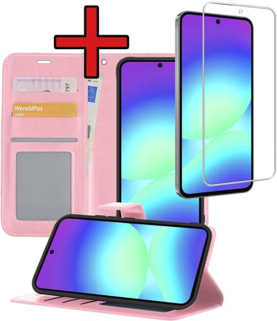 Hoesje - Met Screenprotector - Geschikt voor Samsung Galaxy A56 - Luxe Pasjeshouder - Flipcase - Bookcase Portemonee - Flip Case - Kunstleer Book Case - Book Cover - Walletcase - Portemonneehoes - Telefoonhoes - Lichtroze