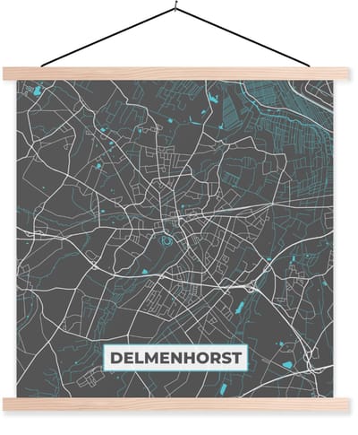Posterhanger incl. Poster 40x40 cm - Schoolplaat - Kaart – Plattegrond – Stadskaart – Delmenhorst – Duitsland – Blauw - Textielposter - Blanke latten - Stadskaart