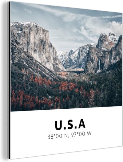 Wanddecoratie Metaal - Aluminium Schilderij Industrieel - Amerika - Yosemite - Bergen - Bos - 90x90 cm - Dibond - Foto op aluminium - Industriële muurdecoratie - Voor de woonkamer/slaapkamer