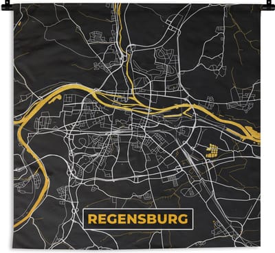 Wandkleed - Wanddoek - Stadskaart – Kaart – Regensburg – Gold – Duitsland – Plattegrond - 180x180 cm - Wandtapijt