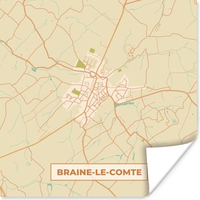 Poster Vintage - Plattegrond - Kaart - Stadskaart - Braine-le-Comte - 100x100 cm XXL