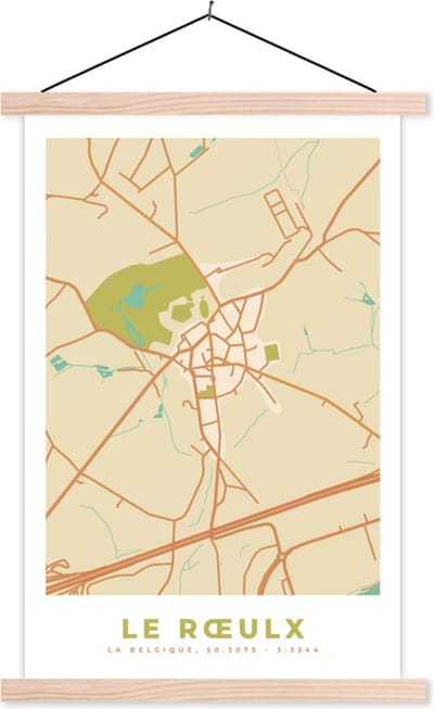 Posterhanger incl. Poster 40x60 cm - Schoolplaat - Stadskaart - La Roeulx - Vintage - Plattegrond - Kaart - Textielposter - Blanke latten - Stadskaart