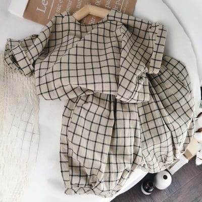 Mooi geruit pak van katoen en linnen voor kinderen, zomerjongens en meisjes, los overhemd met korte mouwen en korte broek, tweedelige set 130